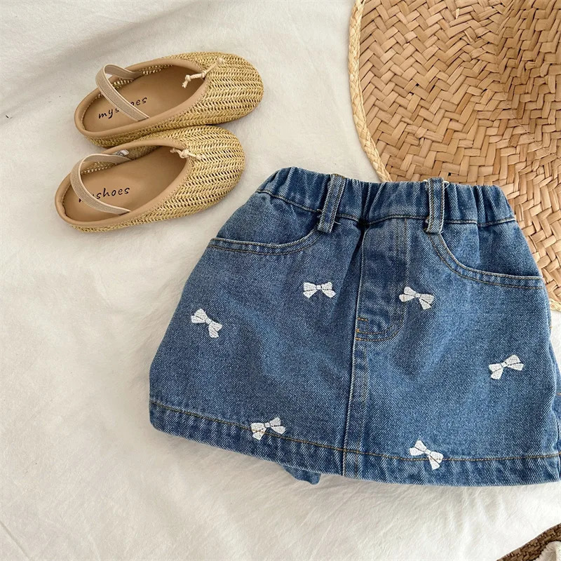 deer jonmi Summer Korean Style Baby Girls Denim Shorts Bowknot Embroidery Chic Toddlers Kids Skirt 260311