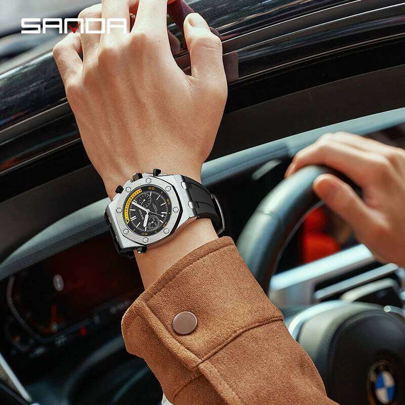 SANDA Luxury Personality Quartz Men Watch 2024 New Design Orange Silicone Strap Sports Style Mens Watches Shockproof Reloj 7027