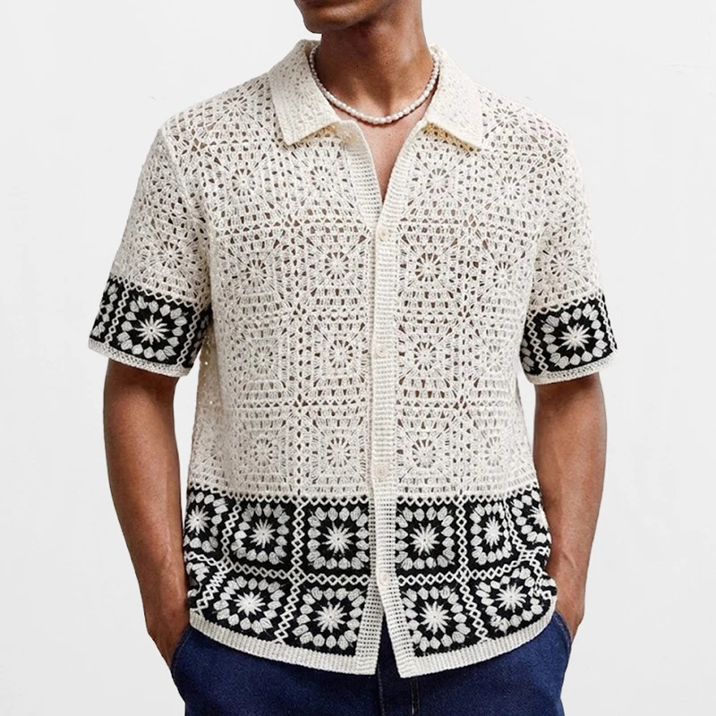 Retro Mens Summer Crochet Short Sleeve Shirts Fashion Hollow Out Knitted Polo Shirts High Quality Jacquard Cardigan Tops SY0069 260311