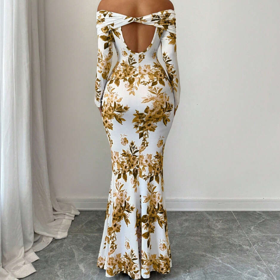 Best-selling in Europe America, 2026 autumn new printed long dress, elegant and slim-fitting, off-shoulder long-sleeve dress for women