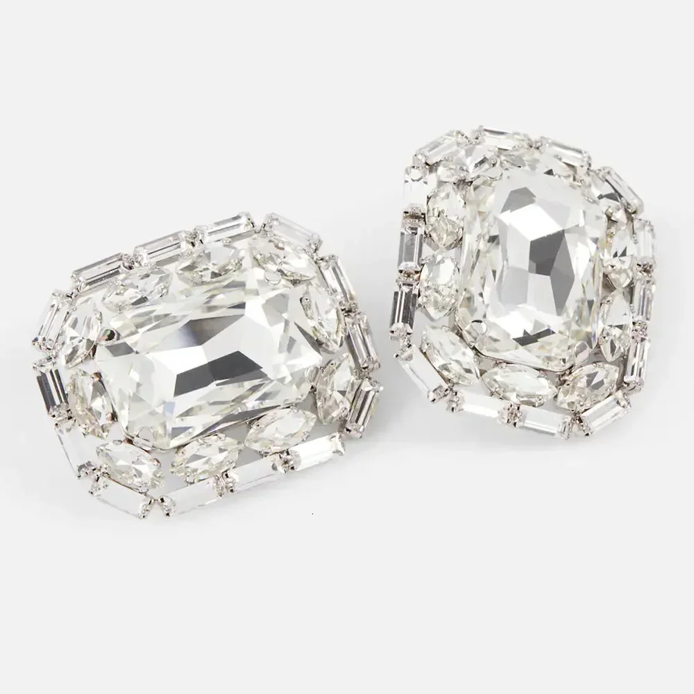 Elegant Gemstone Crystal Big Square Ear Stud Earrings for Women Wedding Clip Bridal Jewelry Accessories 260309