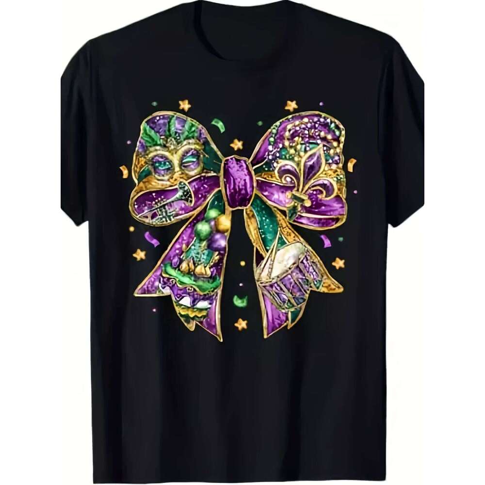 Retro Mardi Gras Graphic T-Shirt, Tuesday Celebration Tee with Bow Accent, Unisex Casual Clothes for Year-Round Comfort Z260312