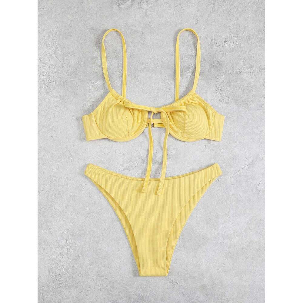2025 Push Up Bikini Women Rib Tie Front Swimsuit Sexy Underwire Swimwear Female Bathers Bathing Swimming Suit Summer Beachwear Y260303