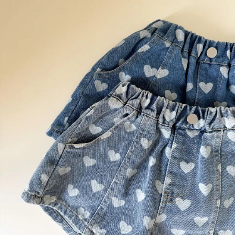 Heart Print Denim Shorts for 18Y Kids Elastic Waist Loose Casual Knee Length Pants Girls Boys Vacation Style 260311