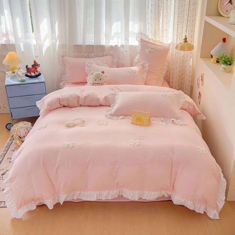 3 Piece Sheet Pink Bowknot Quilt Set, Comfortable Embroidery Bedding Set Bedspread for All Seasons H260312
