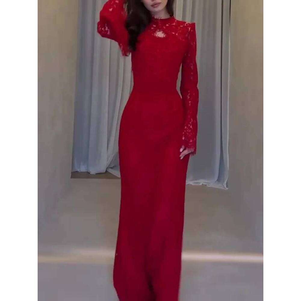 Women Elegant Embroidery Hollow Casual Long Sleeve Solid Slim Party Dress Fashion Half High Collar Temperament Gowns C260312