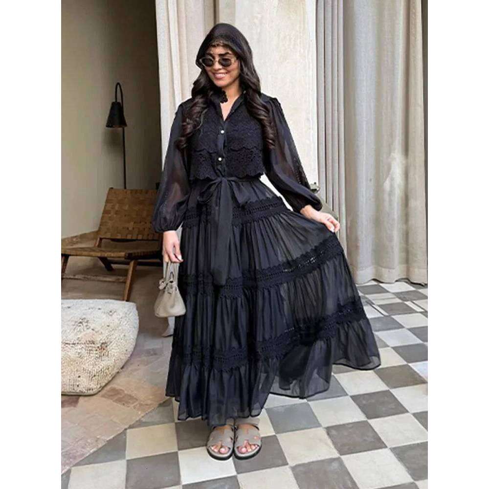 Elegant Hollow Out Women's Long Dresses Lantern Sleeves Lace Up Pearl Single Breasted Dress 2025 Spring Summer Female Solid Robe C260312