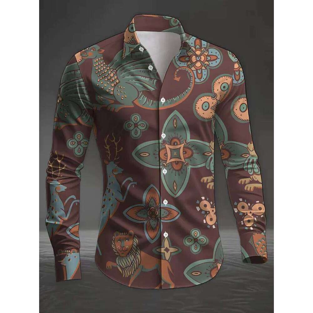 New men's 3D animal printed with casual long sleeves and flower button design, fashionable shirt top