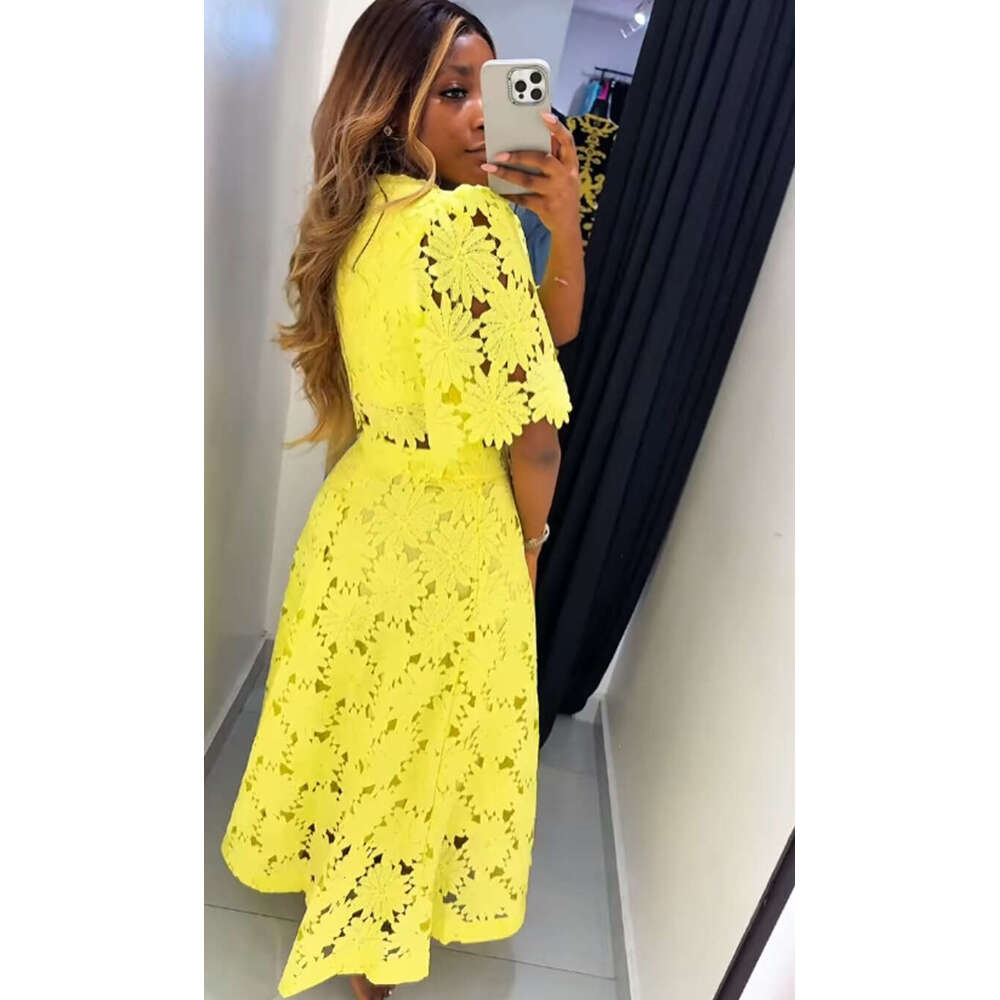 2026 New Summer Hollowed-out Lace Skirt Two-piece Set Elegance Pullover Short Top+Long Skirt Fashion Casual Suit Women's Dresses