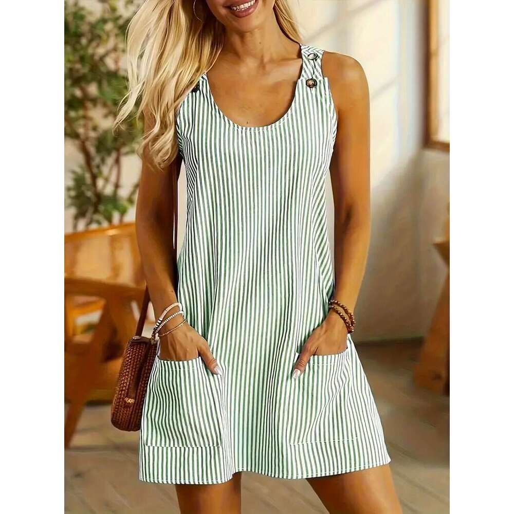 European and American style coat, new independent station product, round neck, pocketed, striped, buttoned, casual short dress