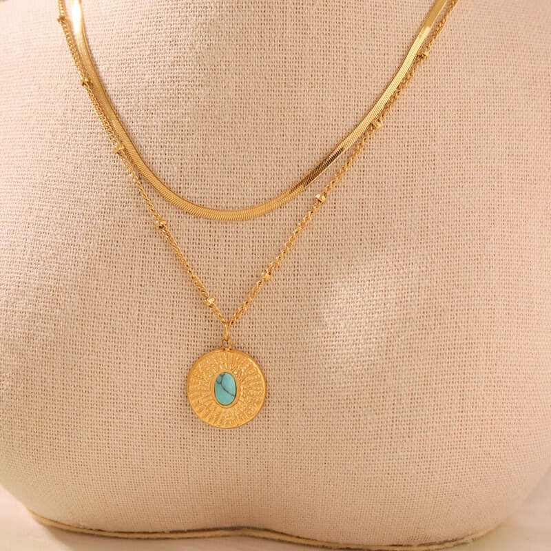 Women's Vintage Necklace: Square-shaped Ethnic Style Turquoise Pendant Necklace 18k Gold Geometric Karst Texture Round Collarbone Chain, Daily Je
