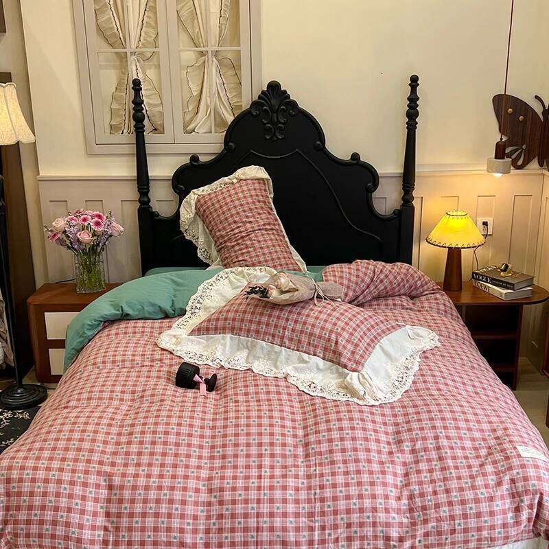 Vintage Plaid Pure Cotton double-layer yarn four-piece set French lace Bedding Set Duvet Cover Pillowcases Flat/Fitted Bed Sheet H260312