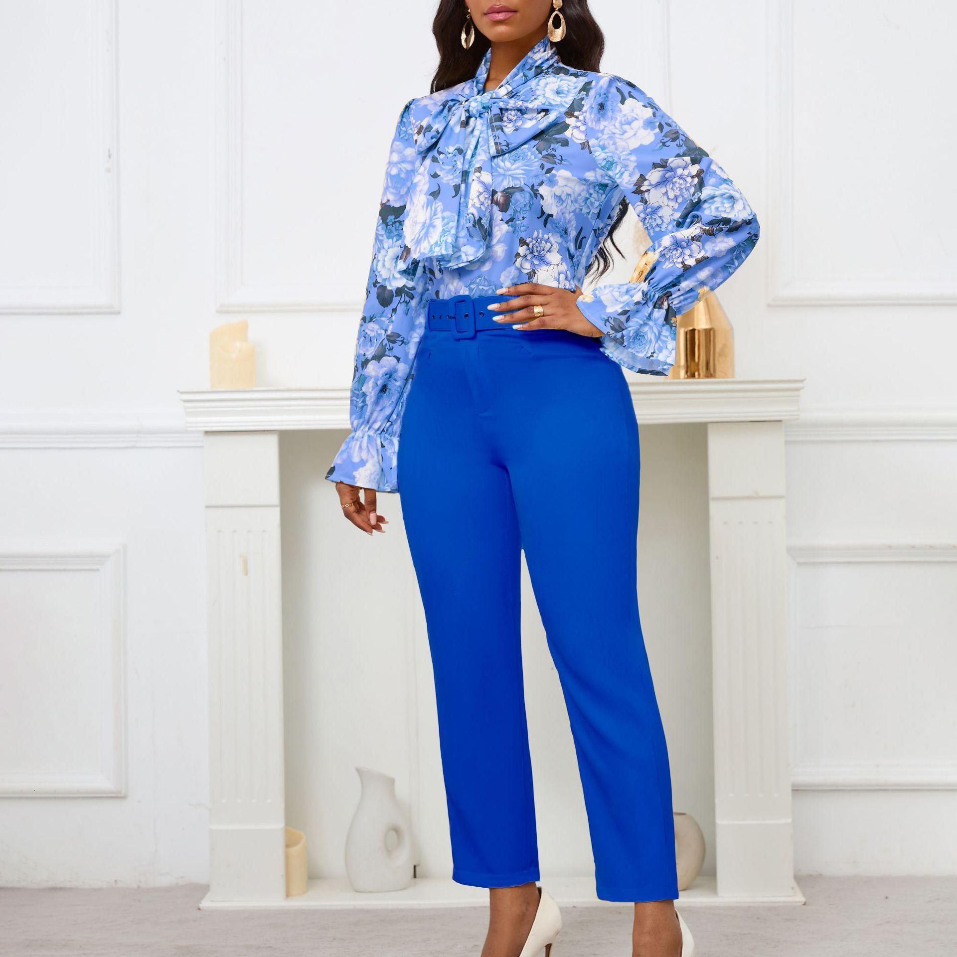 D457 New Fashion Printed Tie-Strap Long-Sleeve Top and High-Waisted Casual Pants Set