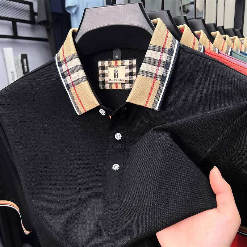High end silky cotton breathable short sleeve polo shirt men's summer new trend plaid lapel designer brand casual T-shirt 26H0312