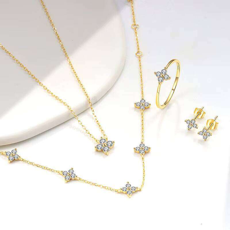 S Silver 14k Gold Plated Women's Fine moissanite Four-Leaf Clover Ring Luxury Jewelry Set Gift