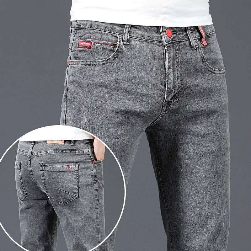 New Men's Cotton Business Casual Skinny Jeans Trendy Fashionable Stretch Straight Slim Denim Trousers Male Blue Grey 26Y0312