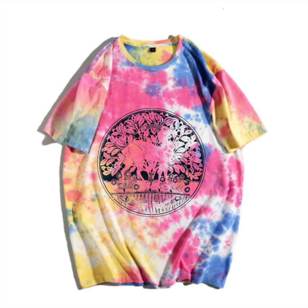 China-Chic New Chinese Forest Linglu Tie Dyed Short Sleeve T-shirt Rainbow Gradual Forest Elk Print Men's Summer Versatile Top