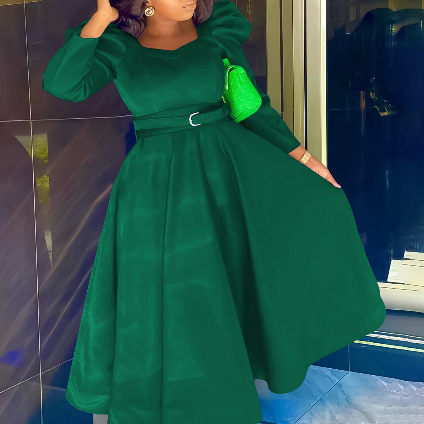 D467 Womens Winter New Fashion Puff Sleeve Plus Size Party Dress