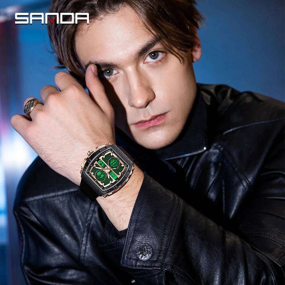 SANDA6231 Luxury Electronic Digital Fashion Trend Multi functional Clock Silicone Waterproof Weekly Date Men's Watch