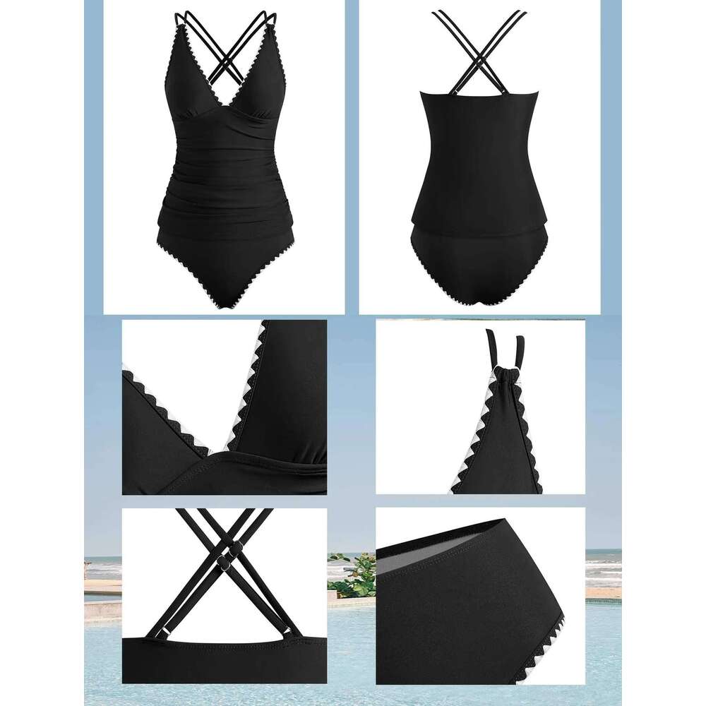 Womens Tankini Swimsuits V Neck Push Up Top Color Block Tummy Control High Waisted Bathing Suits Swim Bottom Y260303