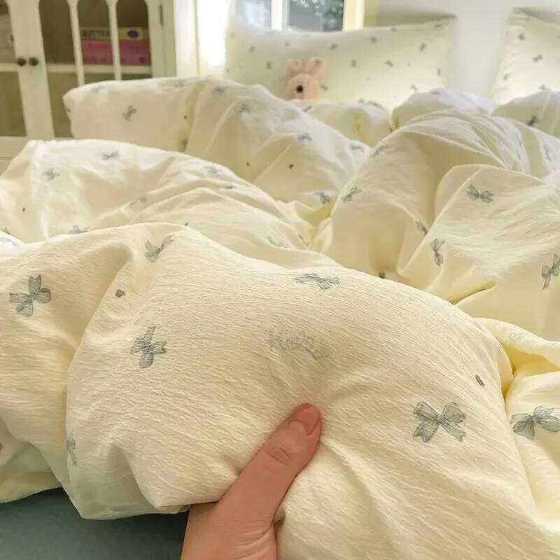 Ins Korean style bow knitted double-layer yarn soft four washed cotton Bedding set, dormitory bed single three piece H260312
