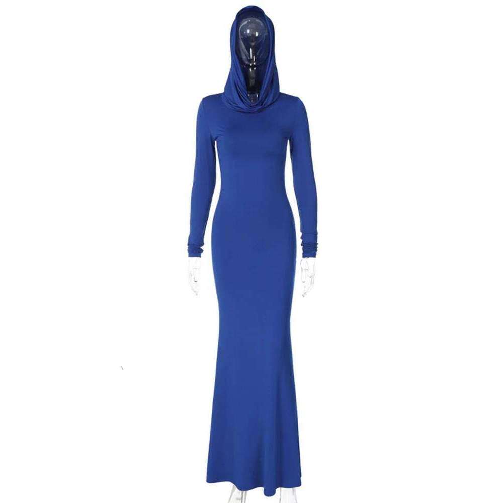 Ahagaga Fashion Sexy Solid Hooded Maxi Dresses Women Elegant Casual Long Sleeve Slim Bodycon Party Vestidos Robes Streetwear C260312