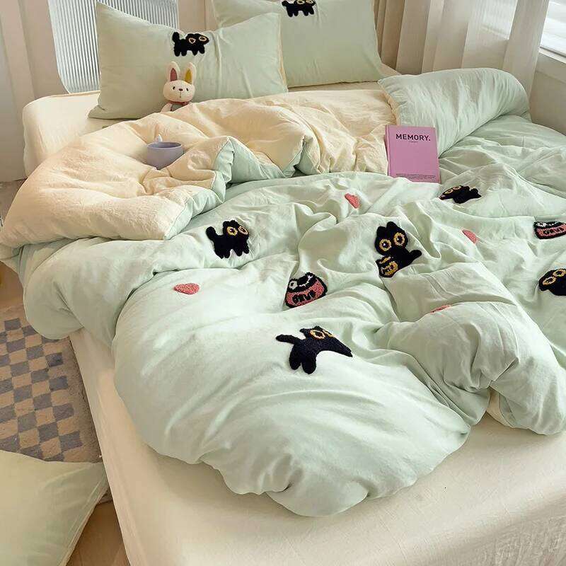 Bedding 2024 New Seasons Super Soft Washed Cotton Towel Embroidery Duvet Cover Four Piece Set - Lucky Cat Series H260312