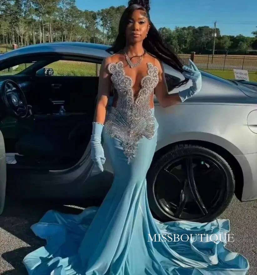 Blue Mermaid Prom Dress For Black Girls 2026 Sexy Plunging Neck Crystal Rhinestone Long Evening Gowns With Gloves J02 B0312