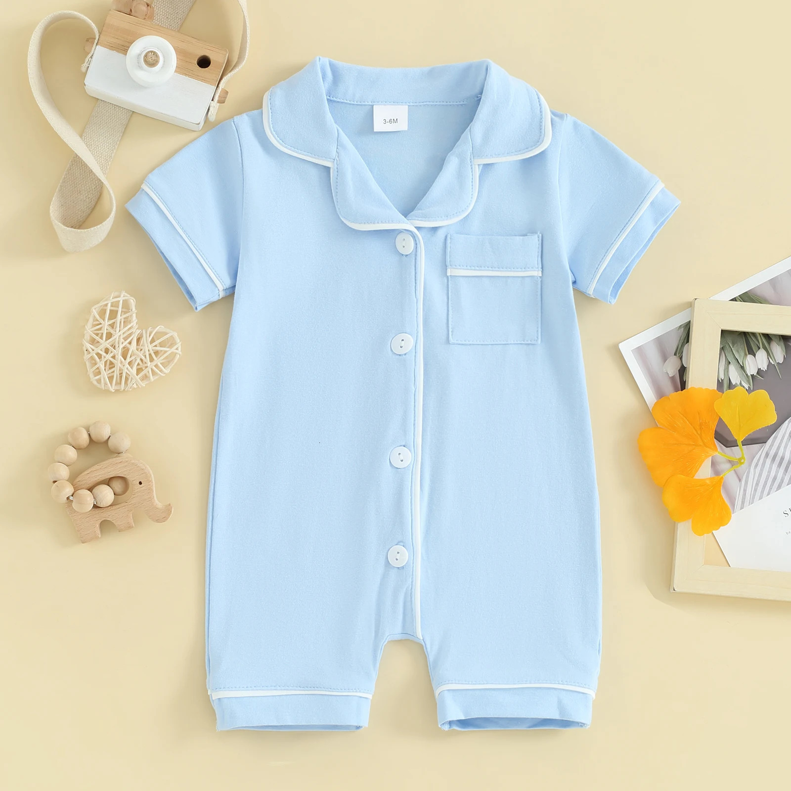 Pudcoco Baby Pajamas Rompers TurnDown Collar Short Sleeve Sleepwear Buttons Pocket Infant Sleepers Bodysuits 024M 260311