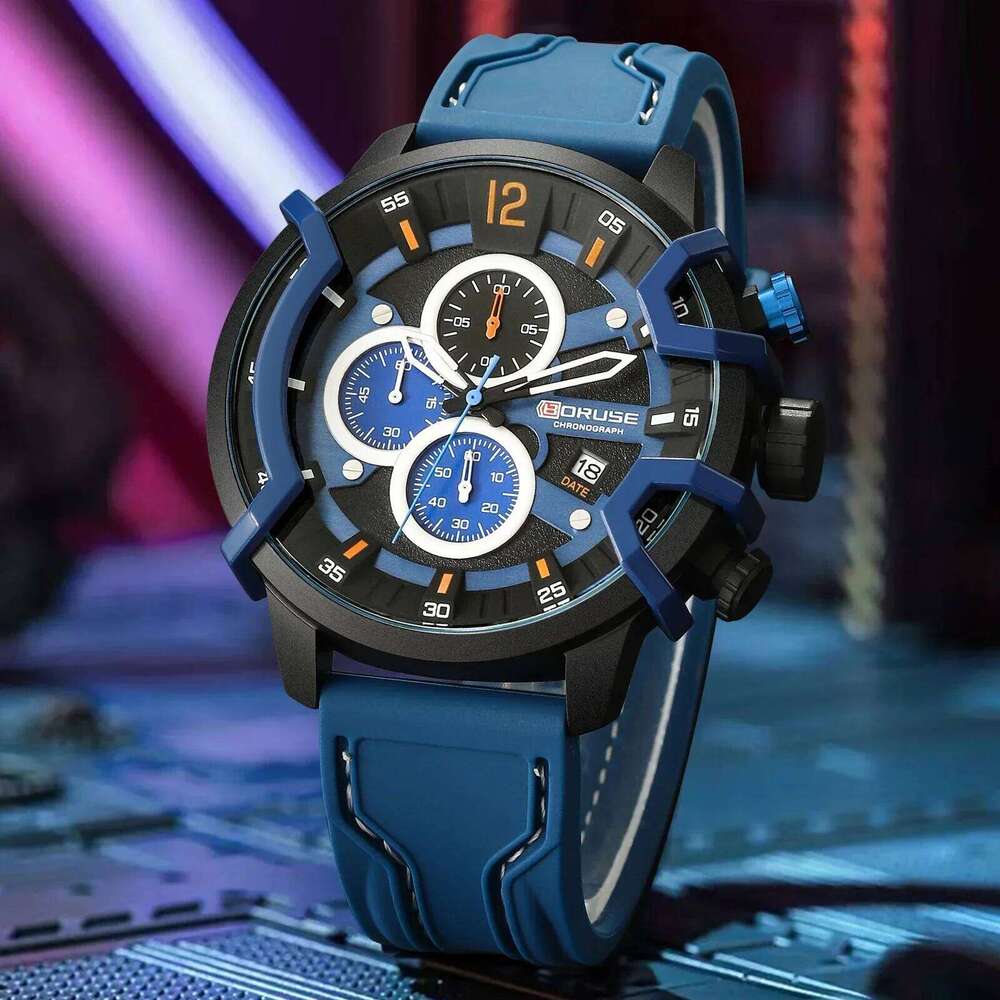 2Pcs/set BORUSE Fashion Men's Sporty Silicone Strap Quartz Watch and Necklace Set Ideal Gift for Men