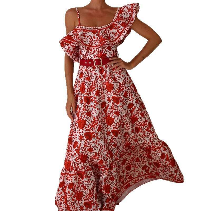 2026 spring and summer European and American fashion sexy strapless pleated A13 hem asymmetrical collar holiday style floral long skirt