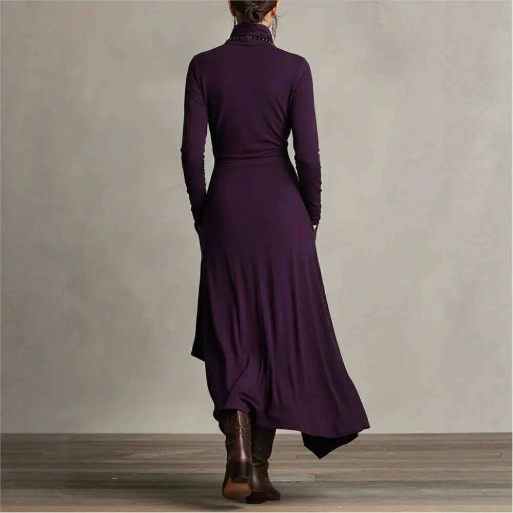 Irregular Solid Color Sleeve Spring Autumn Women's New Cross High Neck Long Dress Vestidos Para Ropa Mujer C260312