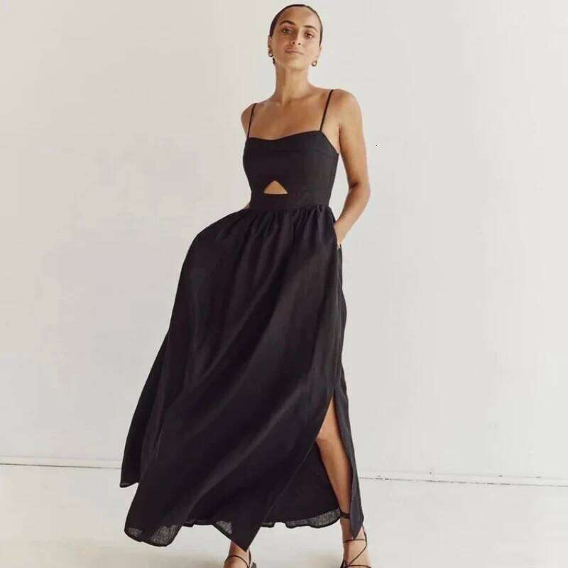 Loose Sexy Elegant Solid Color Summer Sleeveless Spaghetti Strap Hollow Out Ankle Length Dress Pockets Side Slit Women's clo C260311