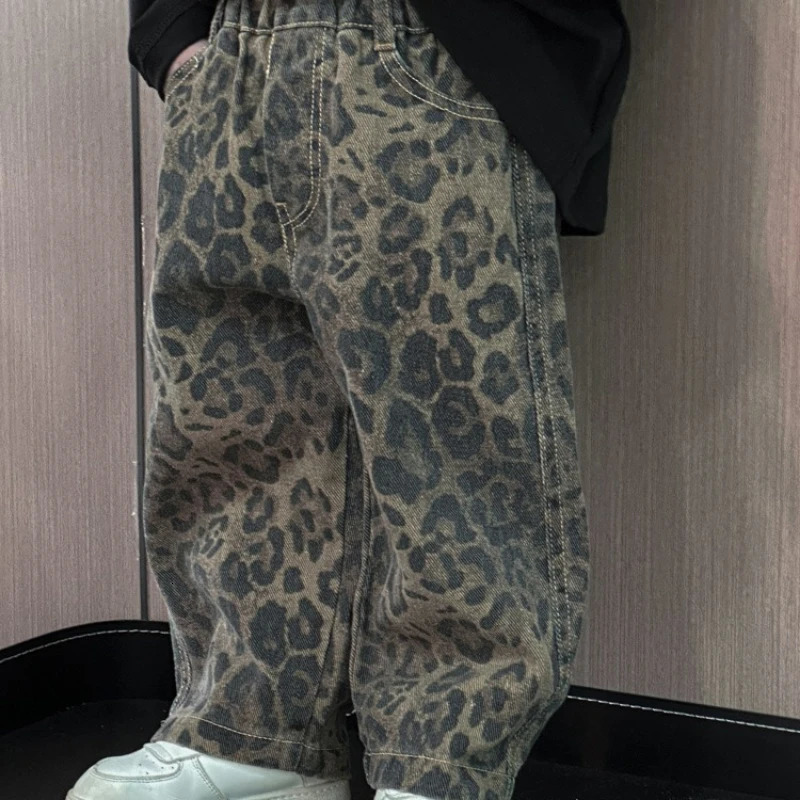 Hip Hop Casual Loose Childrens Pants Four Seasons Pure Cotton Leopard Pattern Jeans Trendy 260311