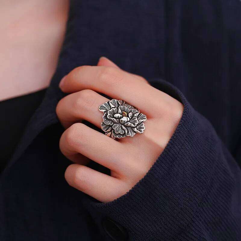 Buyee 925 Sterling Silver Big Finger Excellent Peony Flower Open Ring for Woman Fashion Exaggeration Fine Jewelry Circle H260312