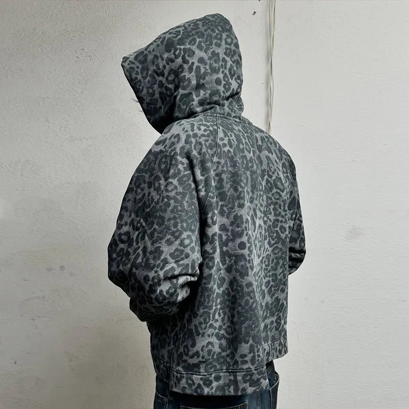 Mens Leopard Print Hoodie Autumn Winter Gothic Streetwear Zip Up Jacket Vintage Denim Kangaroo Pocket Loose Fit Fashion 260311