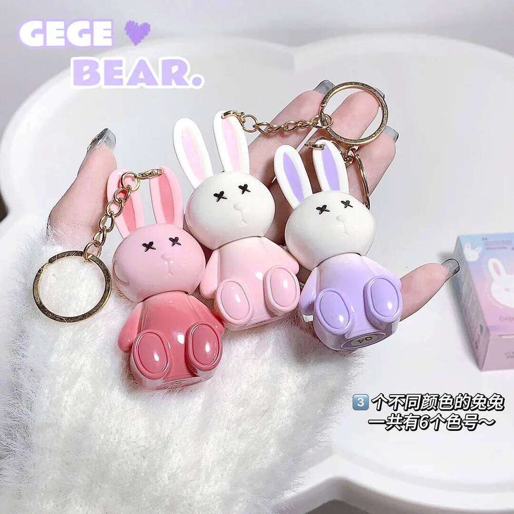 Cute Rabbit Mirror Keychain Lipstick Waterproof Gloss Long Lasting Non-stick Cup Women Lip Glaze Cosmetic 6 Colors W260311