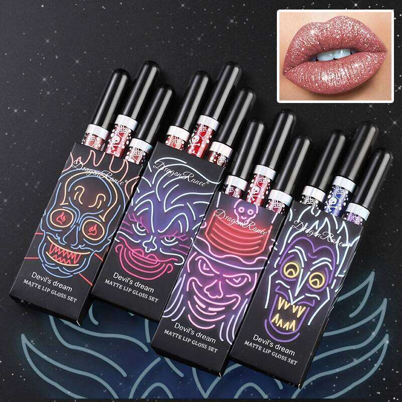 Halloween Gloss Set, 3-Piece Non-Stick Shiny Lipstick, Glittery Purple and Black Lip Colors, Long-Lasting, Non-Transfer W260311