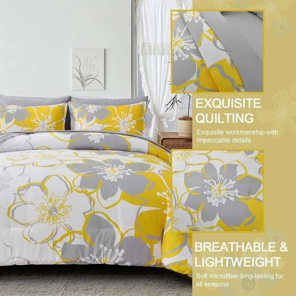 Queen Size Yellow Floral Comforter Set, Reversible in a Bag with All Season Sheets, Soft Microfiber Flower Pattern Duvet Bed