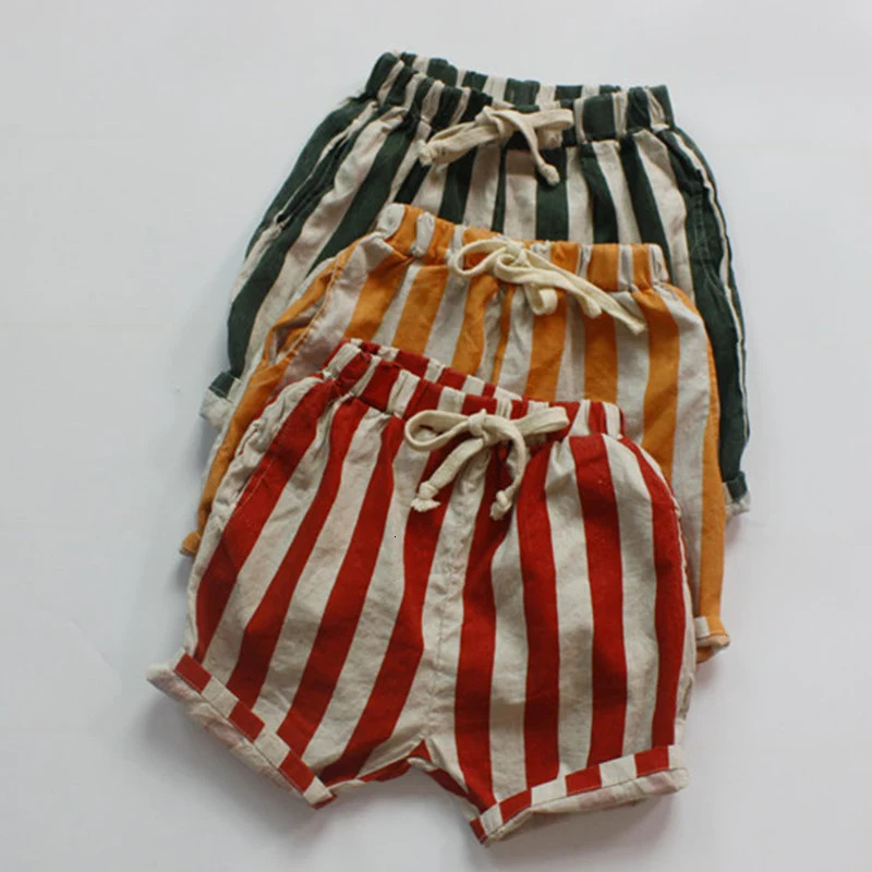 Summer 16Yrs Baby Girls Boys Shorts Cotton Linen Stripes Kids Fashion Casual Pants Children 260311