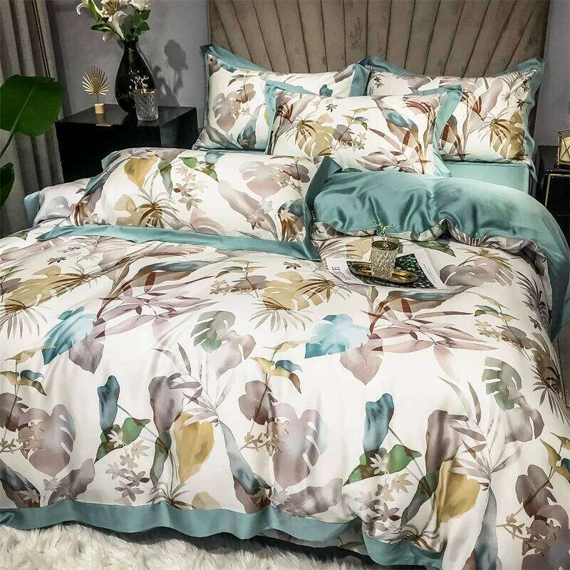 600TC Lyocell Soft Silky Cooling Summer Tropical Plant Print Bedding Duvet Cover Set Flat/Fitted Bed Sheet Pillowcase 4Pcs H260312