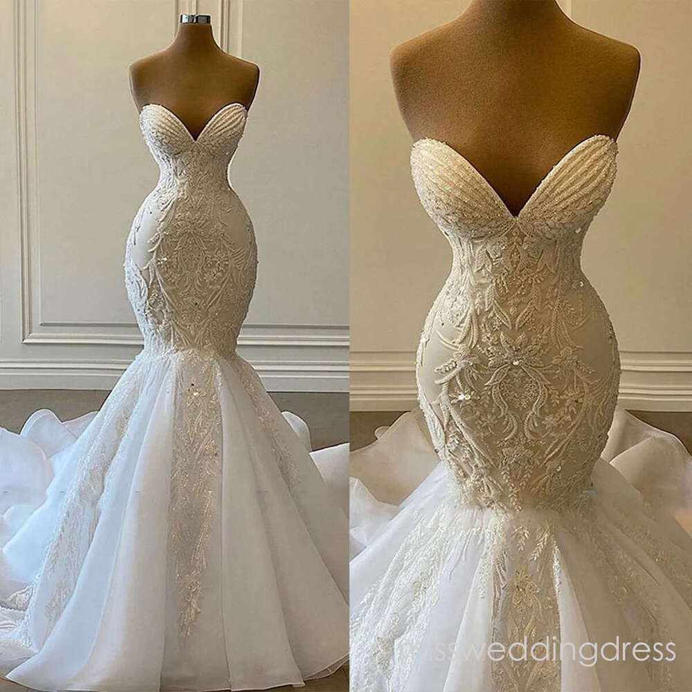 Charming Bridal Gowns Strapless Mermaid Wedding Dress Appliques Lace Custom Made Crystal Bride Dresses Vestido de novia