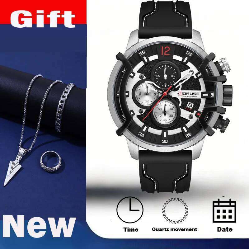 4 PCS SET BORUSE Fashion & Triangle Spearhead Necklace Set, Mens Quartz Waterproof Watches
