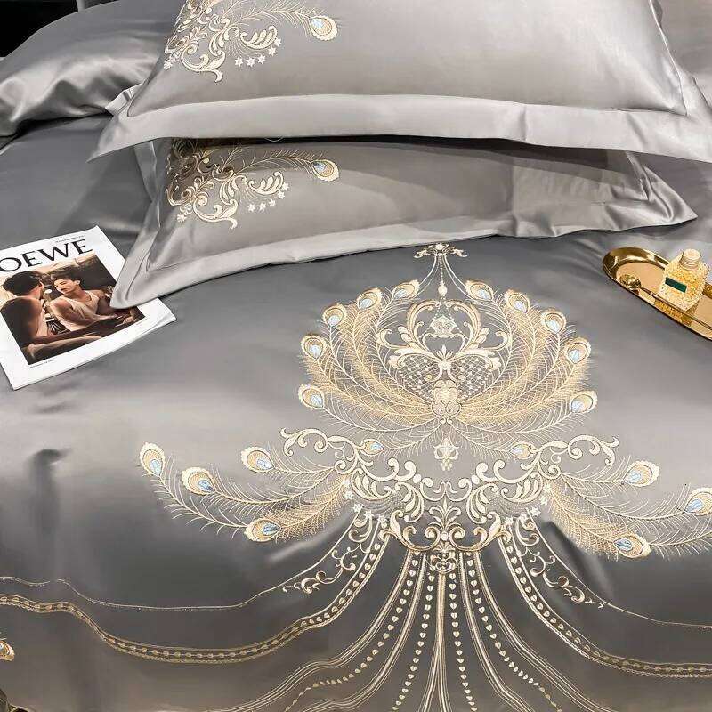 Gold Light High-grade Pure Embroidery White Gray Satin Cotton Bedding Four-piece Bed Cover Set H260312
