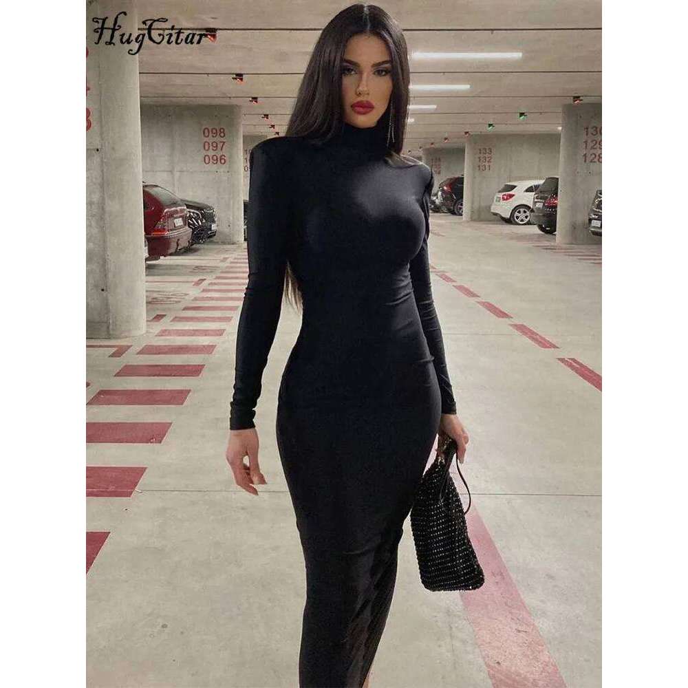 Hugcitar Women Fashion Turtleneck Long Sleeves Black Sexy Bodycon Maxi Prom Dress Fall Casual Clothes Streetwear Party Festival C260312