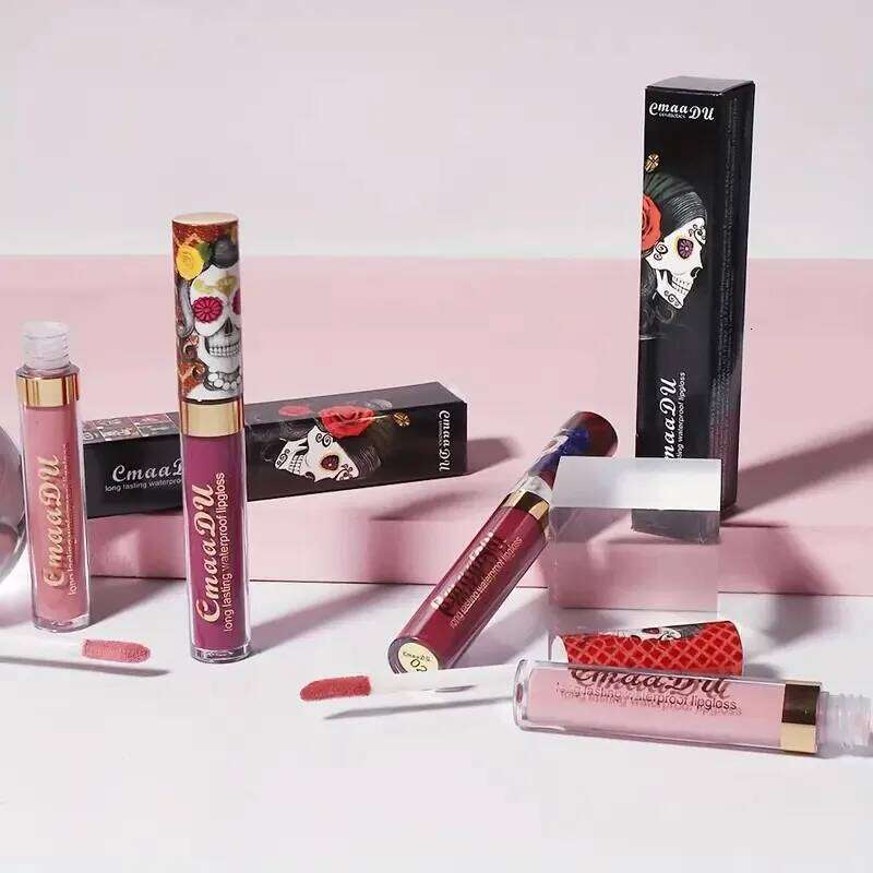 1pcs Matte Lip Gloss Long-Lasting, Waterproof, Non-Fading, for All Skin Types - Vibrant Red Shades with Floral & Skull Designs W260311