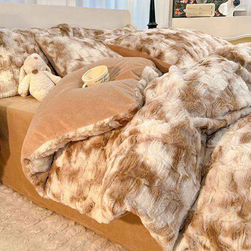 Warm Imitation Rabbit Fur Velvet Bedding Set,AB Side Duvet Cover,Flanne Plush Bed Sheet,Queen King Home Bedclothes Drop shipping H260312