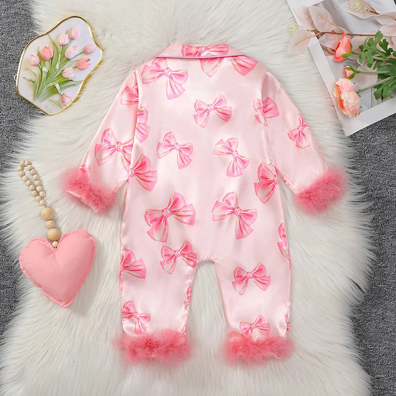 VISgogo Baby Girls Pajamas Long Sleeve Bow Print Furry Patchwork Button Closure Jumpsuit Sleepwear Loungewear 260311