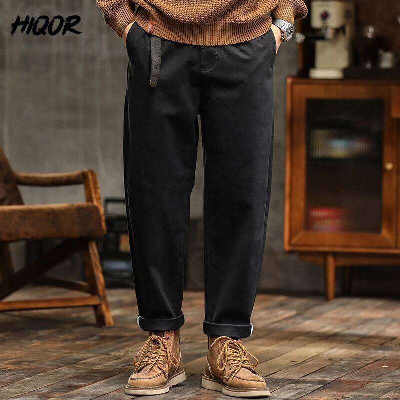 HIQOR High Quality Man Retro Cargo Pants Cotton Men's Casual Loose Fit Slimming Japanese Outdoor Workwear Khaki Long Trousers