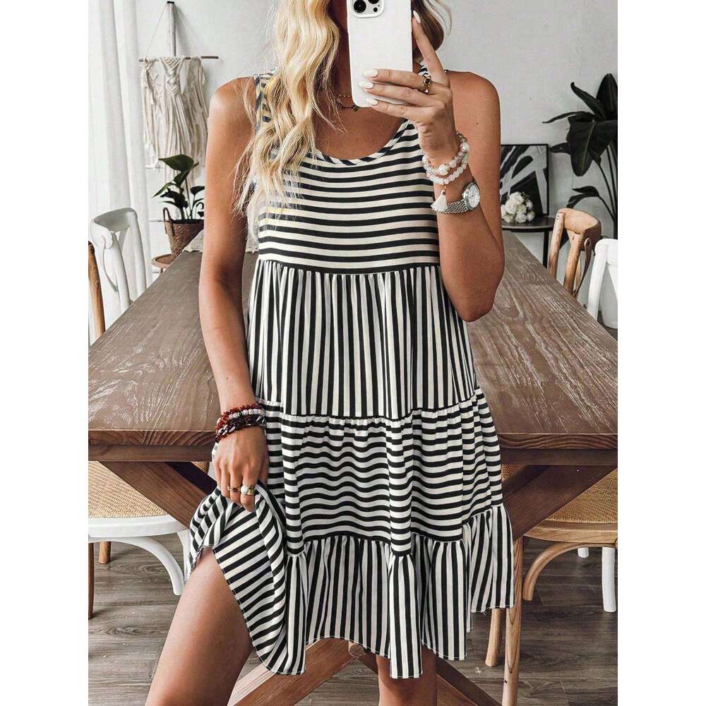 2025 Summer New Pullover Round Neck Loose Sleeveless Women, European and American Fashion Trend Striped Short Dress for Women